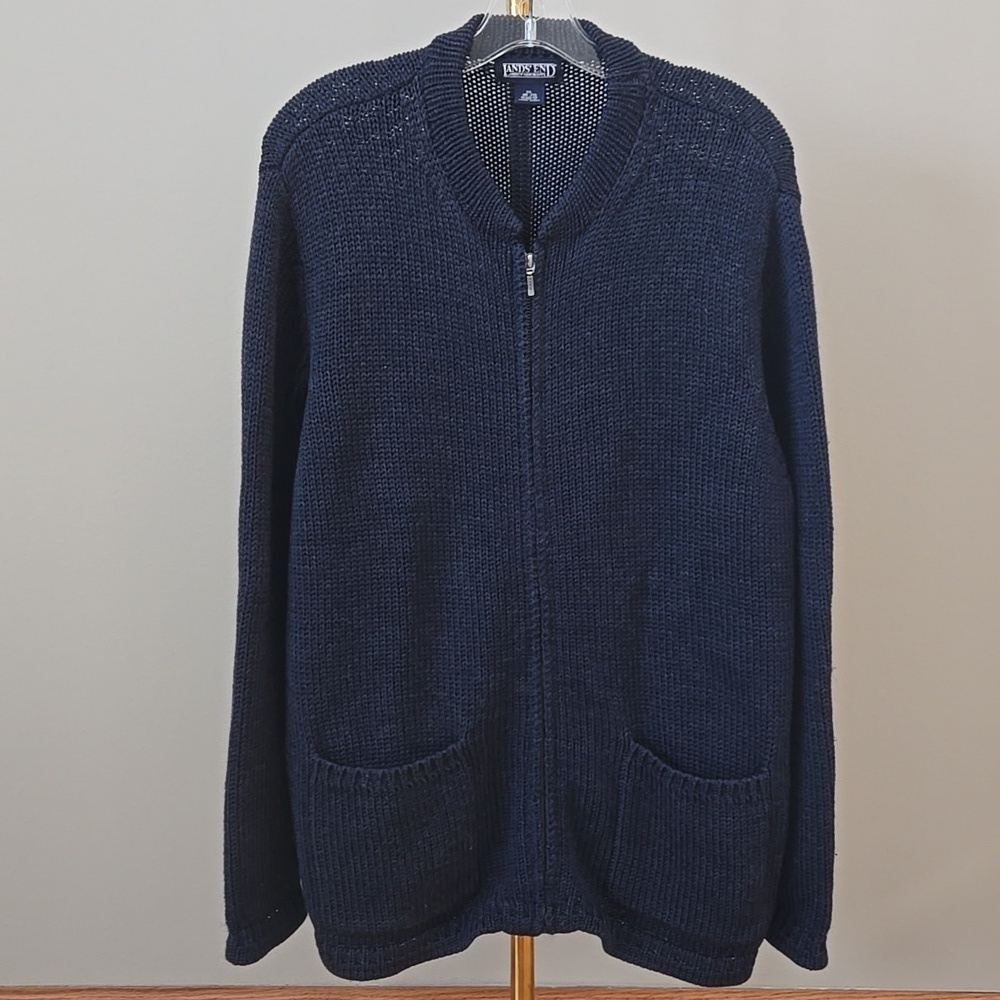 Lands' End Womens Vintage Navy Zip Up 100% Wool Cardigan Size Regular 18-20 XL